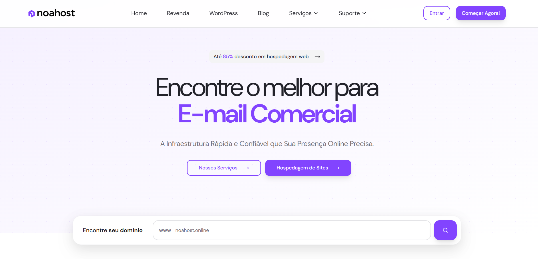 Site de hospedagem NoaHost com destaque para e-mail comercial e busca de domínio