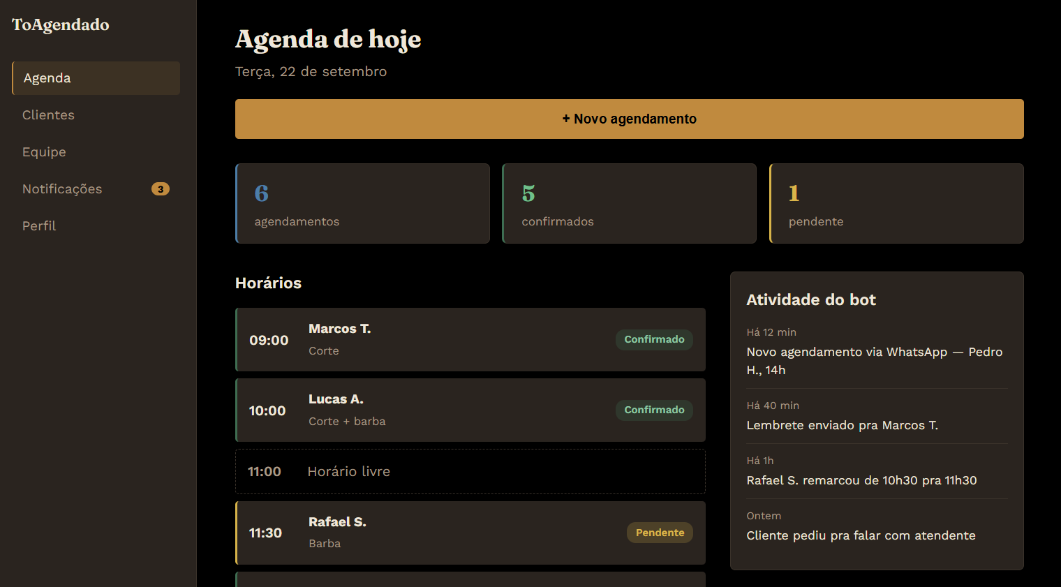 Painel ToAgendado com agenda do dia, clientes e atividade do bot de WhatsApp